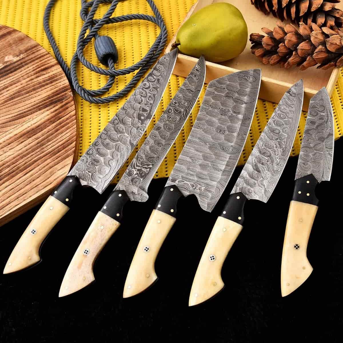 Five-piece cream handle Damascus chef knife set