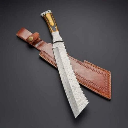 15-inch handmade Damascus steel machete with wood handle and leather sheath – view 1