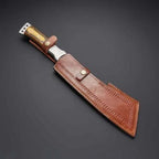15-inch handmade Damascus steel machete with wood handle and leather sheath – view 3