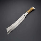 15-inch handmade Damascus steel machete with wood handle and leather sheath – view 2