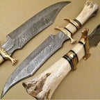 14-inch handmade Damascus Bowie knife with camel bone handle and leather sheath – view 1