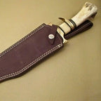 14-inch handmade Damascus Bowie knife with camel bone handle and leather sheath – view 5