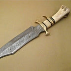 14-inch handmade Damascus Bowie knife with camel bone handle and leather sheath – view 2