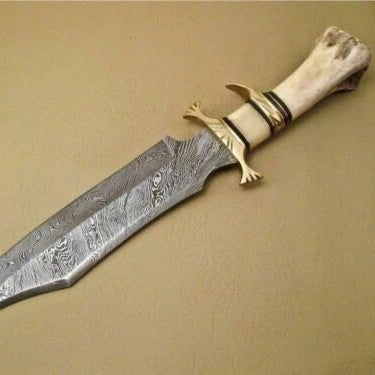 BEAUTIFUL HANDMADE DAMASCUS STEEL BOWIE KNIFE WITH BONE HANDLE & LEATHER SHEATH