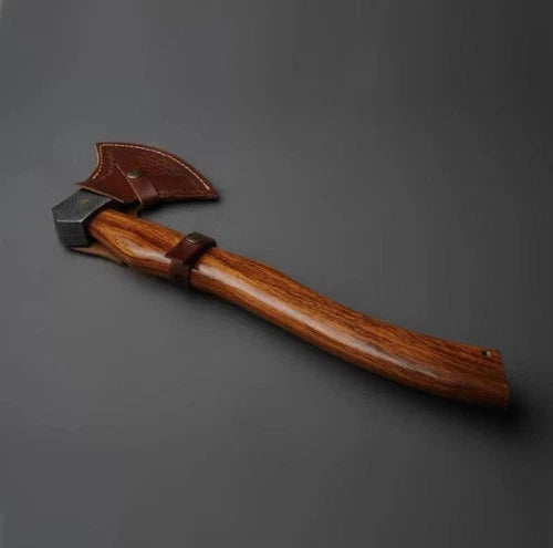 18-inch handmade Damascus hunting axe with rosewood handle and leather cover – view 2