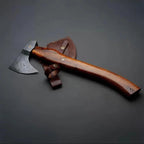 18-inch handmade Damascus hunting axe with rosewood handle and leather cover – view 1