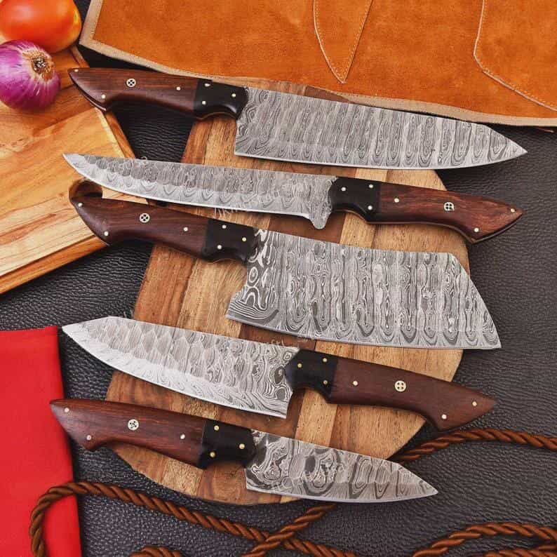 Five-piece dark wood Damascus chef knife set