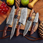 Dark wood handles and flowing Damascus blade patterns