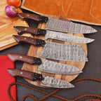 Decorative pin details on dark wood chef knife handles