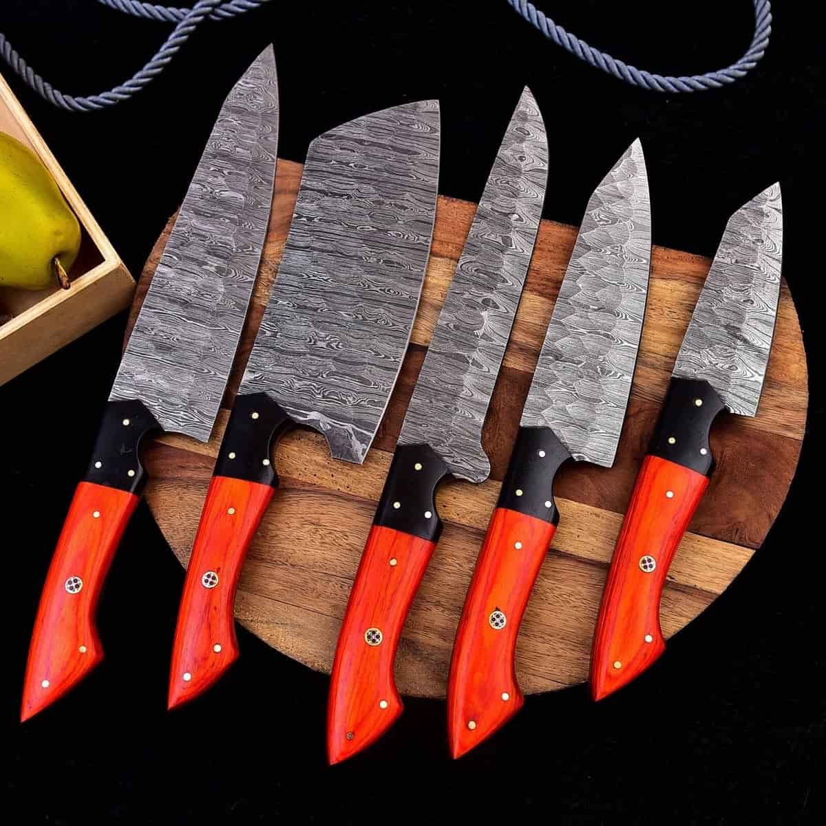 Complete ember wood Damascus chef knife set