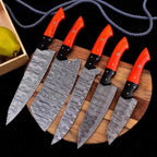 Five-piece ember wood Damascus chef knife set