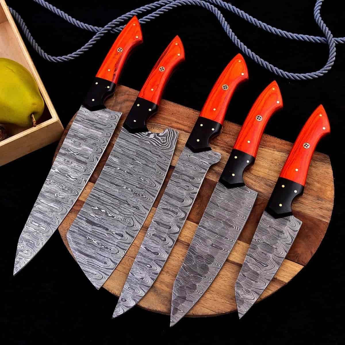 Five-piece ember wood Damascus chef knife set