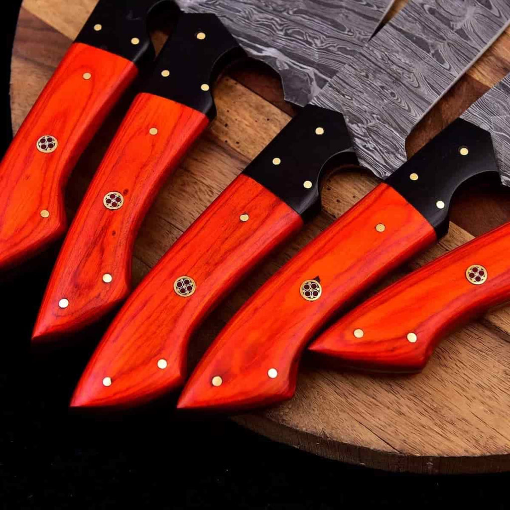 Mosaic pin details on ember-tone chef knife handles