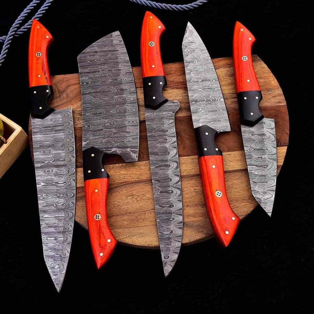 Five culinary blade profiles with ember wood handles