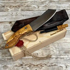 10-inch handmade high-carbon steel camping knife with olive wood handle and fire starter – view 1
