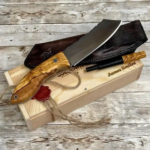 10-inch handmade high-carbon steel camping knife with olive wood handle and fire starter – view 1