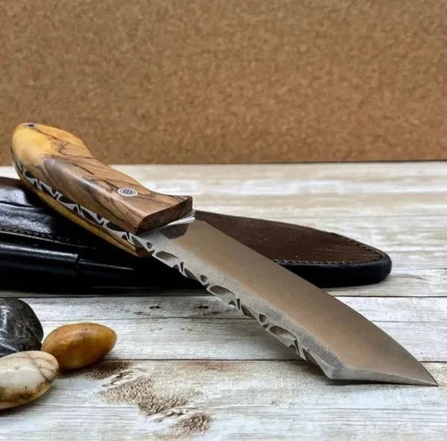 10-inch handmade high-carbon steel camping knife with olive wood handle and fire starter – view 2