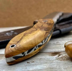 10-inch handmade high-carbon steel camping knife with olive wood handle and fire starter – view 3