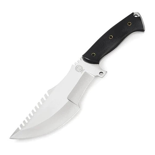 12-inch handmade high-carbon steel tracker knife with black Micarta handle and sheath – view 2