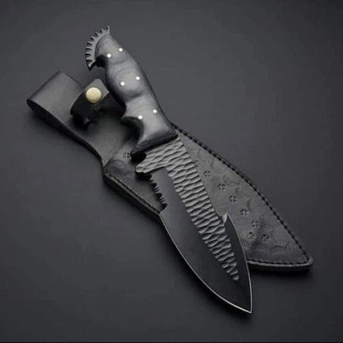 11-inch handmade powder-coated high-carbon steel hunting knife with linen Micarta handle – view 1