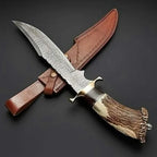 13-inch handmade Damascus Bowie knife with deer horn handle and leather sheath – view 1