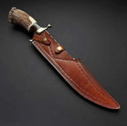13-inch handmade Damascus Bowie knife with deer horn handle and leather sheath – view 2