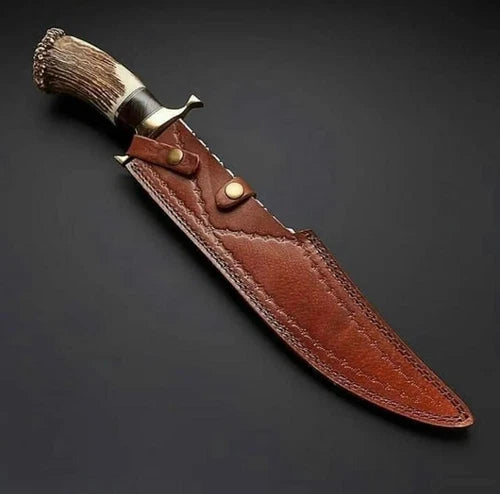 13 CUSTOM HANDMADE DAMASCUS STEEL HUNTING BOWIE KNIFE WITH DEER HORN HANDLE