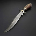 13-inch handmade Damascus Bowie knife with deer horn handle and leather sheath – view 3