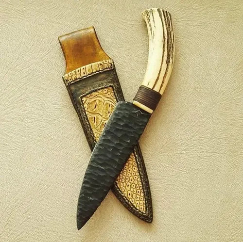 12-inch handmade powder-coated hunting knife with stag horn and leather-wrapped handle – view 1