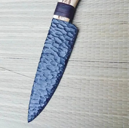 CUSTOM HANDMADE POWDER COATED HUNTING KNIFE | STAG HORN HANDLE & LEATHER SHEATH