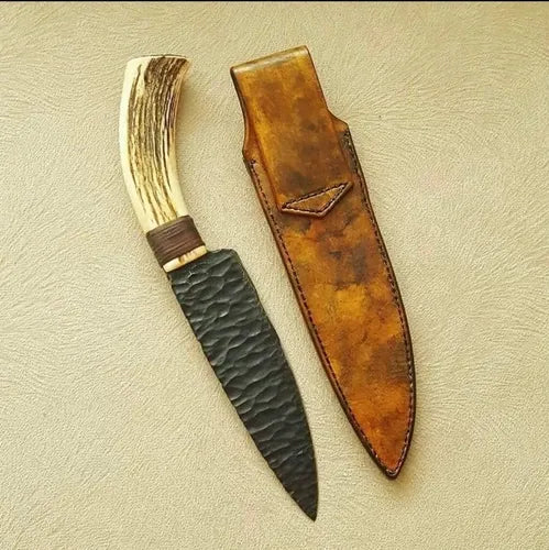 12-inch handmade powder-coated hunting knife with stag horn and leather-wrapped handle – view 2