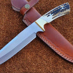12-inch handmade D2 steel hunting knife with stag horn handle and leather sheath – view 1