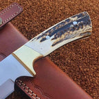 12-inch handmade D2 steel hunting knife with stag horn handle and leather sheath – view 3