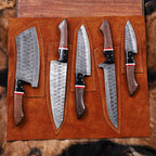 Five-piece hammered Damascus chef knife set with leather roll