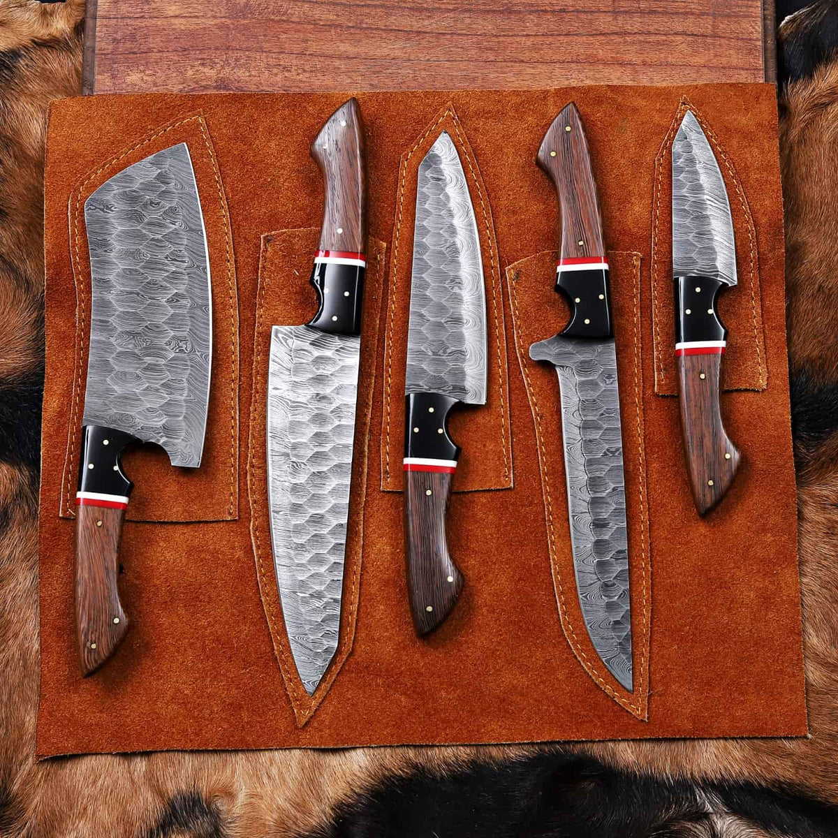 Five-piece hammered Damascus chef knife set with leather roll