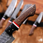 Hammered Damascus blade texture and dark wood handles