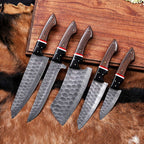 Red spacer and decorative pin details on chef knife handles