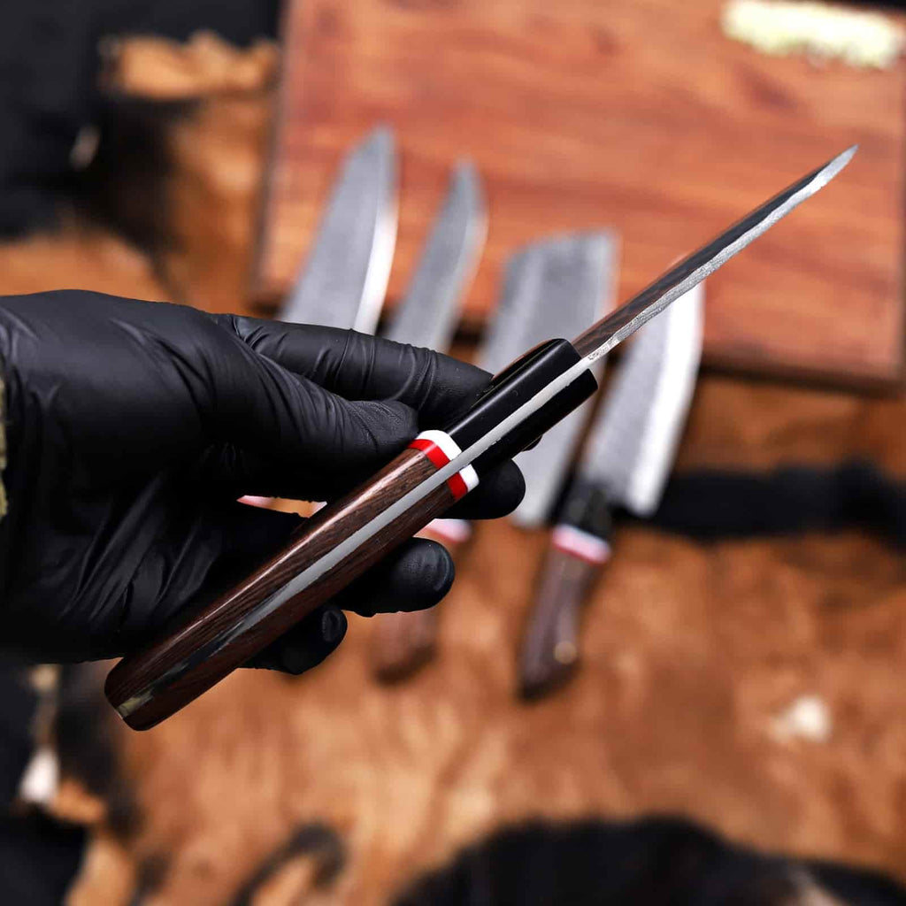 Five hammered Damascus kitchen knife profiles
