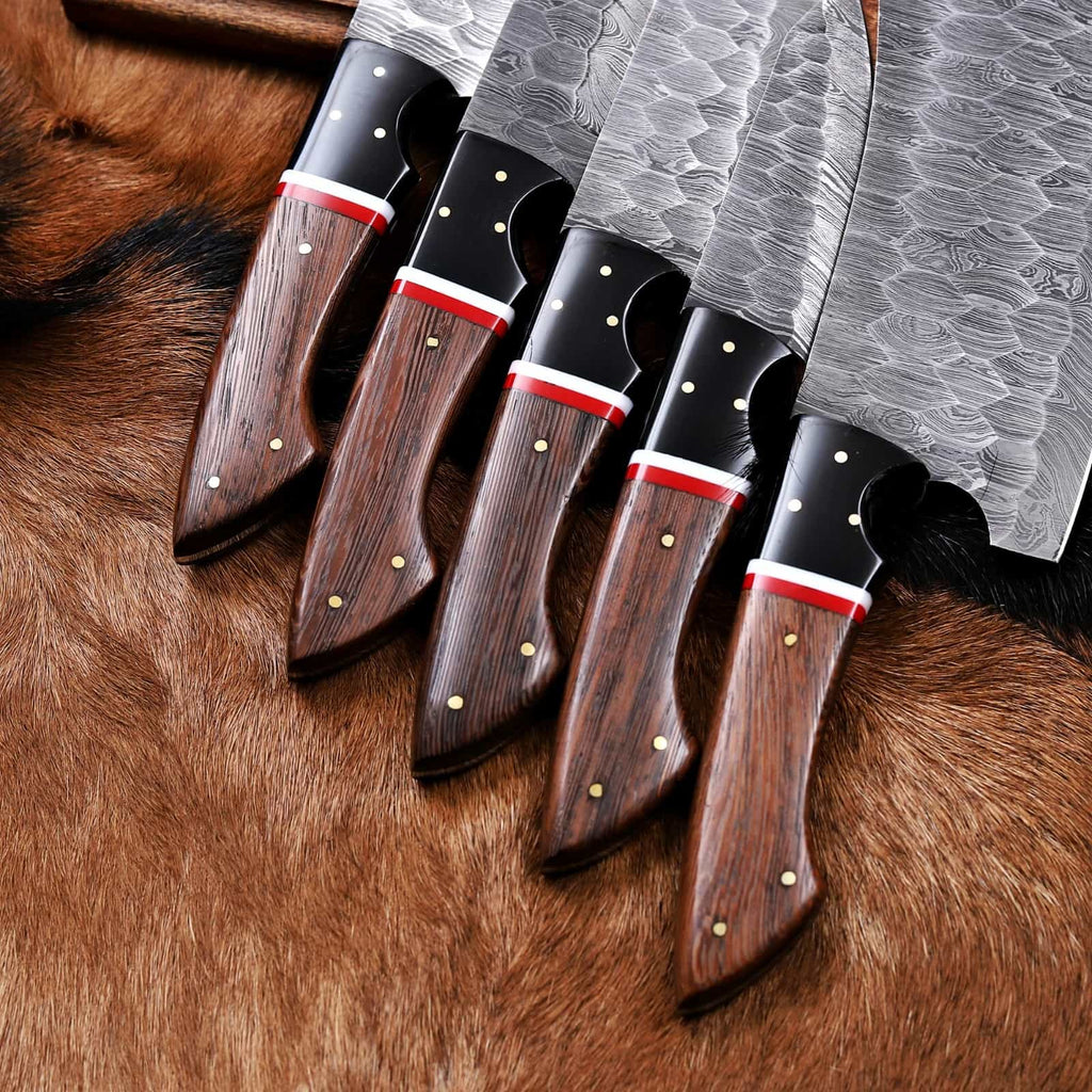 Close view of hammered Damascus blades and handle spacers