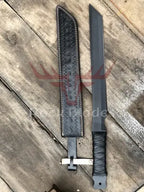 28-inch handmade black-coated machete sword with leather-wrapped handle and sheath – view 1