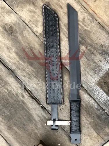 Hand Forged Black Coated Machate Sword  Hunting Sword with Leather Sheath