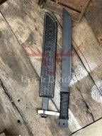 28-inch handmade black-coated machete sword with leather-wrapped handle and sheath – view 3