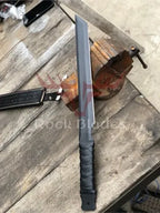 28-inch handmade black-coated machete sword with leather-wrapped handle and sheath – view 2