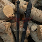 38-inch handmade black-coated Acre Crusader sword with leather handle and scabbard – view 1