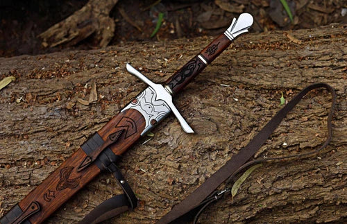 Hand Forged Damascus Steel Viking Sword, Medieval Longsword With Wooden Scabbard