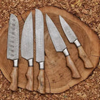 Complete five-piece Damascus kitchen knife set