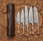 Five-piece handmade Damascus chef knife set