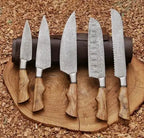 Patterned Damascus kitchen blades with coordinated handles