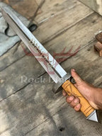28-inch handmade Damascus Norse Viking sword with wood handle and leather sheath – view 3