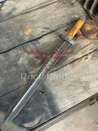 28-inch handmade Damascus Norse Viking sword with wood handle and leather sheath – view 2